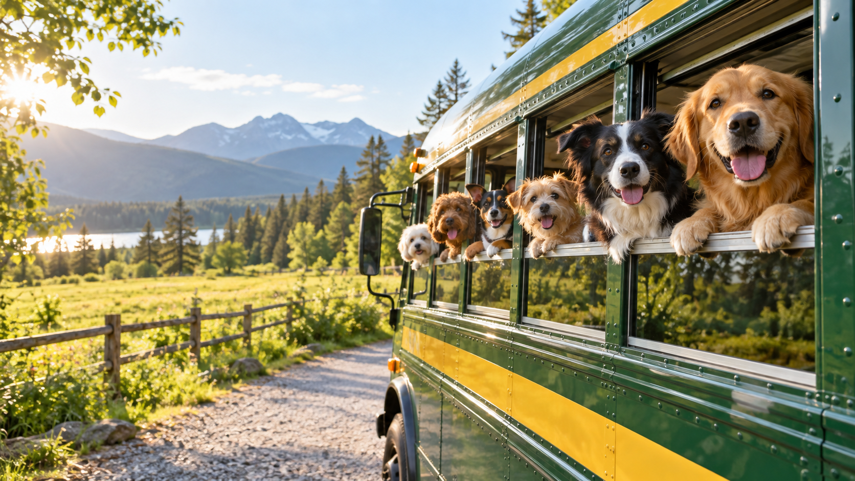 Happy dogs riding on an adventure bus