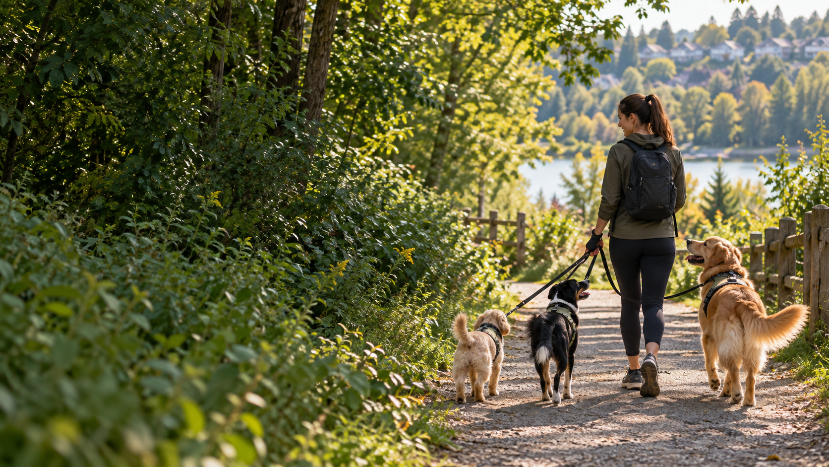 A dog walker with three dogs